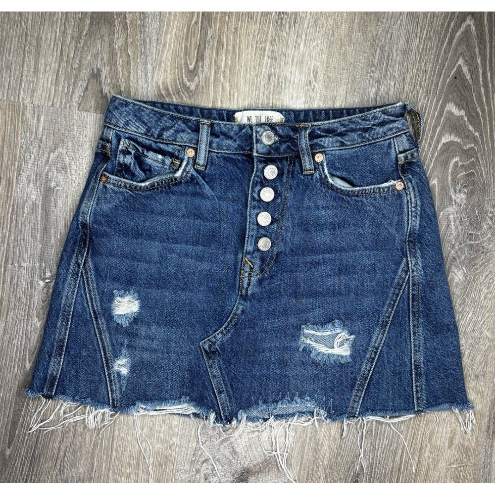We The Free Free People Denim Mini Skirt Button‎ Fly Raw Hem Distressed Blue 26